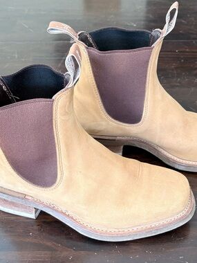 R.M. Williams Tan Suede Square Toe Chelsea Boots